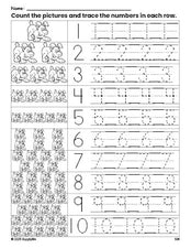 Free printable puppy counting worksheet for preschool and pre-k with number tracing practice 1-10, PDF