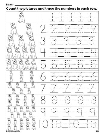 Free printable puppy counting worksheet for preschool and pre-k with number tracing practice 1-10, PDF