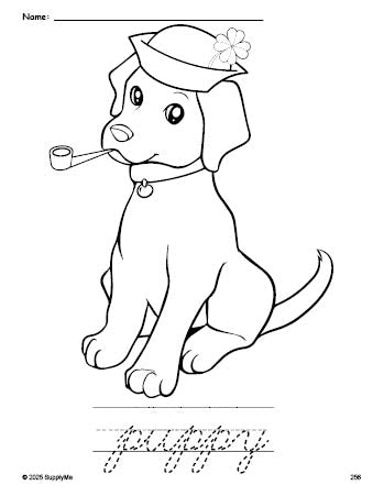 Free printable puppy St. Patrick's Day coloring page and cursive word tracing worksheet, perfect for preschool, pre-k, and kindergarten, PDF