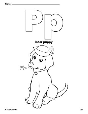 Free printable puppy St. Patrick's Day coloring page, letter p coloring page for preschool, pre-k, and kindergarten, PDF