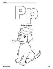 Free printable puppy St. Patrick's Day coloring page, letter p coloring page for preschool, pre-k, and kindergarten, PDF