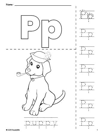 Free printable puppy St. Patrick's Day coloring page and letter tracing worksheet, letter p worksheet for preschool, pre-k, and kindergarten, PDF