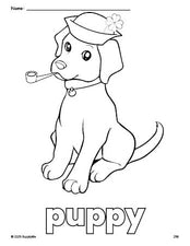 Free printable puppy St. Patrick's Day coloring page for preschool, pre-k, and kindergarten, PDF