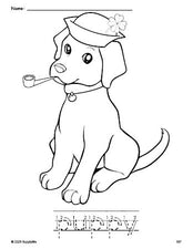 Free printable puppy St. Patrick's Day coloring page and word tracing worksheet, letter formation guides, perfect for preschool, pre-k, and kindergarten, PDF