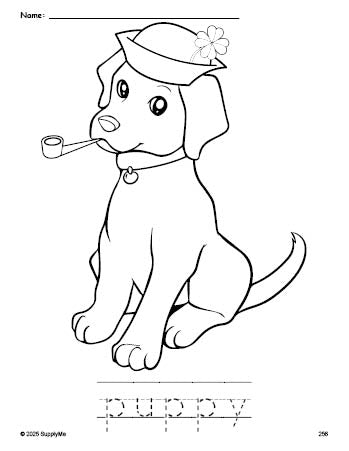 Free printable puppy St. Patrick's Day coloring page and word tracing worksheet, perfect for preschool, pre-k, and kindergarten, PDF