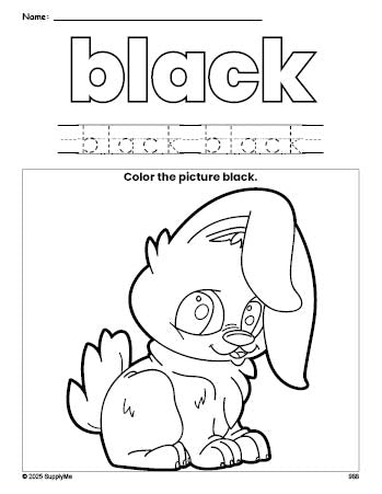 Free rabbit color black coloring page and color worksheet, black worksheet for preschoolers to learn colors, printable PDF