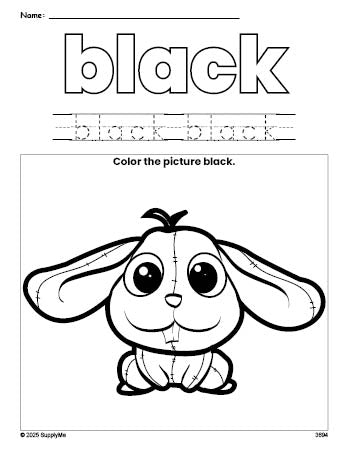 Free rabbit color black coloring page and color worksheet, black worksheet for preschoolers to learn colors, printable PDF