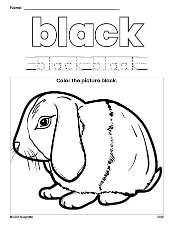 Free rabbit color black coloring page and color worksheet, black worksheet for preschoolers to learn colors, printable PDF