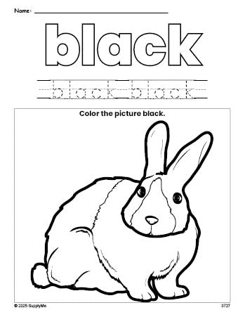 Free rabbit color black coloring page and color worksheet, black worksheet for preschoolers to learn colors, printable PDF