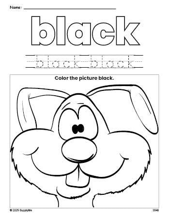 Free rabbit color black coloring page and color worksheet, black worksheet for preschoolers to learn colors, printable PDF