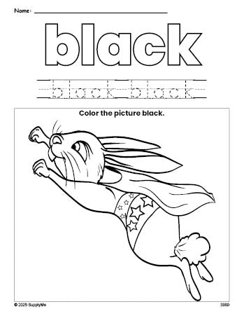 Free rabbit color black coloring page and color worksheet, black worksheet for preschoolers to learn colors, printable PDF