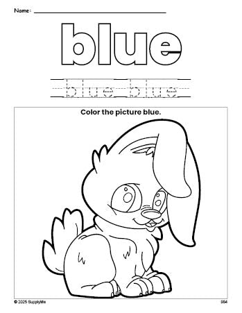 Free rabbit color blue coloring page and color worksheet, blue worksheet for preschoolers to learn colors, printable PDF