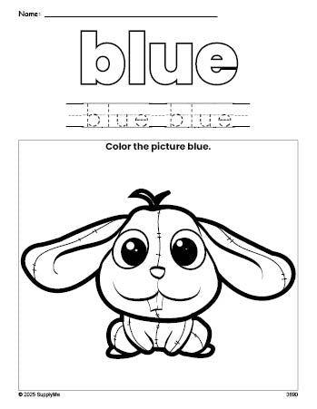 Free rabbit color blue coloring page and color worksheet, blue worksheet for preschoolers to learn colors, printable PDF