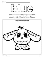 Free rabbit color blue coloring page and color worksheet, blue worksheet for preschoolers to learn colors, printable PDF