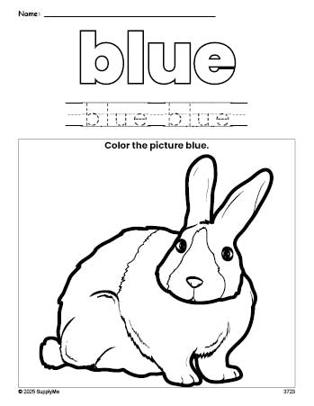 Free rabbit color blue coloring page and color worksheet, blue worksheet for preschoolers to learn colors, printable PDF