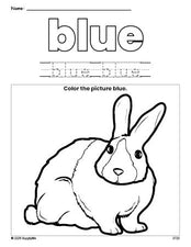 Free rabbit color blue coloring page and color worksheet, blue worksheet for preschoolers to learn colors, printable PDF