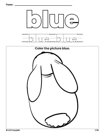 Free rabbit color blue coloring page and color worksheet, blue worksheet for preschoolers to learn colors, printable PDF