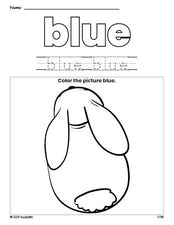 Free rabbit color blue coloring page and color worksheet, blue worksheet for preschoolers to learn colors, printable PDF