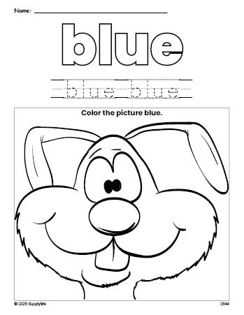 Free rabbit color blue coloring page and color worksheet, blue worksheet for preschoolers to learn colors, printable PDF