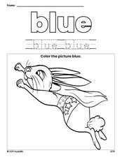 Free rabbit color blue coloring page and color worksheet, blue worksheet for preschoolers to learn colors, printable PDF