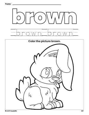 Free rabbit color brown coloring page and color worksheet, brown worksheet for preschoolers to learn colors, printable PDF