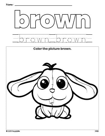 Free rabbit color brown coloring page and color worksheet, brown worksheet for preschoolers to learn colors, printable PDF