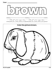 Free rabbit color brown coloring page and color worksheet, brown worksheet for preschoolers to learn colors, printable PDF