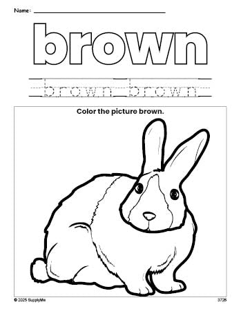 Free rabbit color brown coloring page and color worksheet, brown worksheet for preschoolers to learn colors, printable PDF