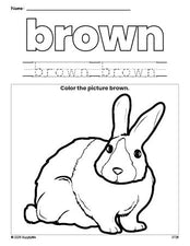 Free rabbit color brown coloring page and color worksheet, brown worksheet for preschoolers to learn colors, printable PDF