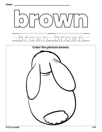 Free rabbit color brown coloring page and color worksheet, brown worksheet for preschoolers to learn colors, printable PDF