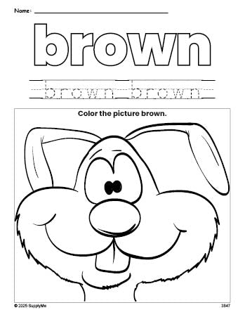 Free rabbit color brown coloring page and color worksheet, brown worksheet for preschoolers to learn colors, printable PDF