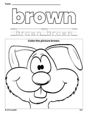 Free rabbit color brown coloring page and color worksheet, brown worksheet for preschoolers to learn colors, printable PDF