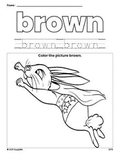 Free rabbit color brown coloring page and color worksheet, brown worksheet for preschoolers to learn colors, printable PDF