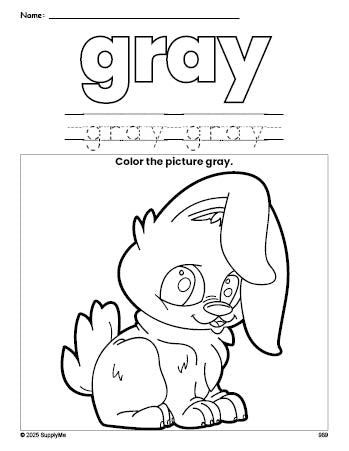 Free rabbit color gray coloring page and color worksheet, gray worksheet for preschoolers to learn colors, printable PDF