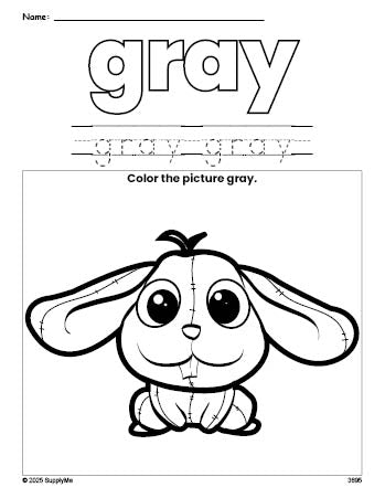 Free rabbit color gray coloring page and color worksheet, gray worksheet for preschoolers to learn colors, printable PDF