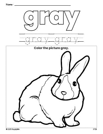 Free rabbit color gray coloring page and color worksheet, gray worksheet for preschoolers to learn colors, printable PDF