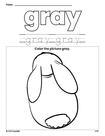 Free rabbit color gray coloring page and color worksheet, gray worksheet for preschoolers to learn colors, printable PDF