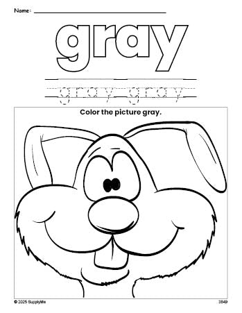 Free rabbit color gray coloring page and color worksheet, gray worksheet for preschoolers to learn colors, printable PDF