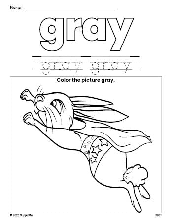 Free rabbit color gray coloring page and color worksheet, gray worksheet for preschoolers to learn colors, printable PDF