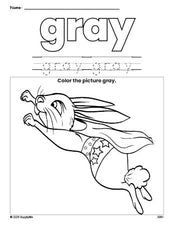 Free rabbit color gray coloring page and color worksheet, gray worksheet for preschoolers to learn colors, printable PDF