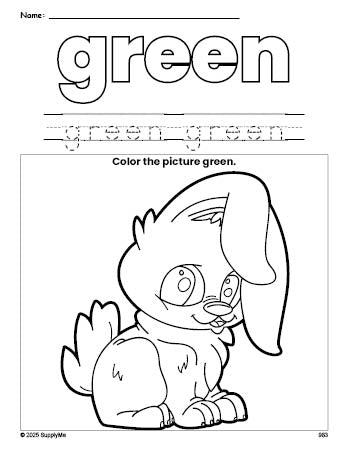 Free rabbit color green coloring page and color worksheet, green worksheet for preschoolers to learn colors, printable PDF