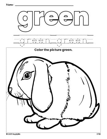 Free rabbit color green coloring page and color worksheet, green worksheet for preschoolers to learn colors, printable PDF