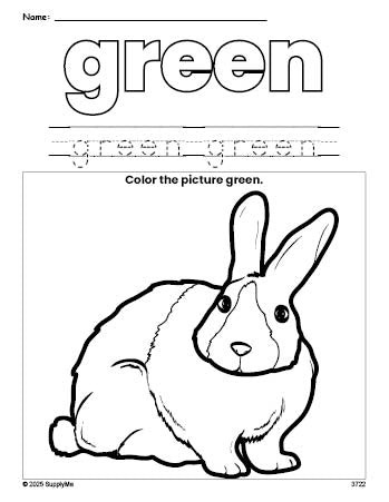 Free rabbit color green coloring page and color worksheet, green worksheet for preschoolers to learn colors, printable PDF