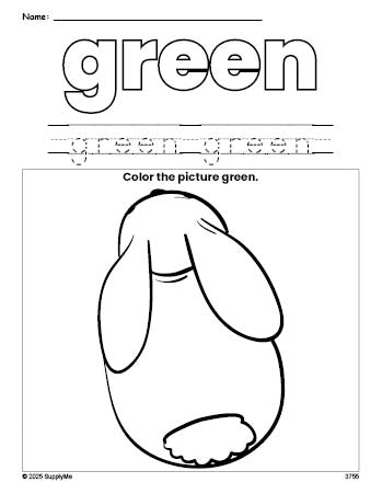 Free rabbit color green coloring page and color worksheet, green worksheet for preschoolers to learn colors, printable PDF