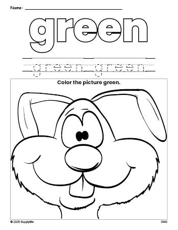 Free rabbit color green coloring page and color worksheet, green worksheet for preschoolers to learn colors, printable PDF