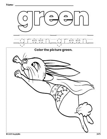 Free rabbit color green coloring page and color worksheet, green worksheet for preschoolers to learn colors, printable PDF