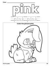 Free rabbit color pink coloring page and color worksheet, pink worksheet for preschoolers to learn colors, printable PDF