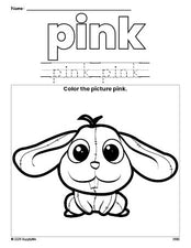 Free rabbit color pink coloring page and color worksheet, pink worksheet for preschoolers to learn colors, printable PDF