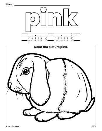 Free rabbit color pink coloring page and color worksheet, pink worksheet for preschoolers to learn colors, printable PDF