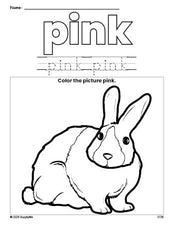 Free rabbit color pink coloring page and color worksheet, pink worksheet for preschoolers to learn colors, printable PDF